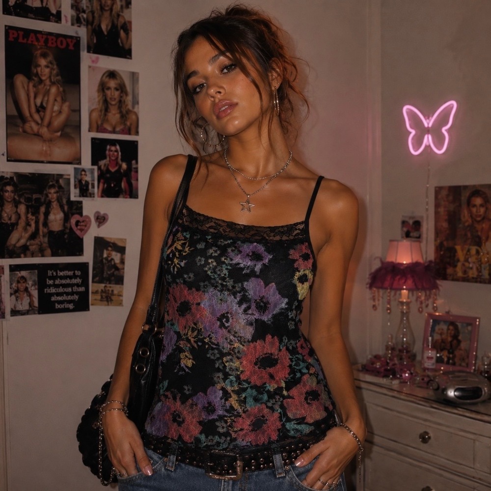 Romantic Floral Lace Mesh Overlay Cami Top M Black Lace Trim Square Neck Fairy